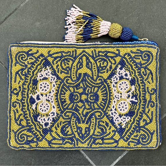 Anthropologie, beaded clutch purse, playing card joker design. - Picture 6 of 11